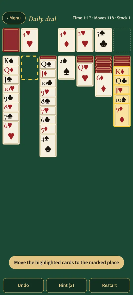 A hint highlighted on the solitaire table