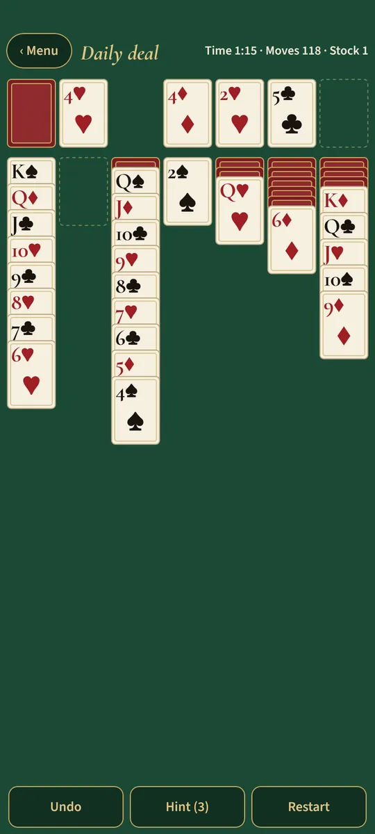 Classic solitaire in the middle of a deal